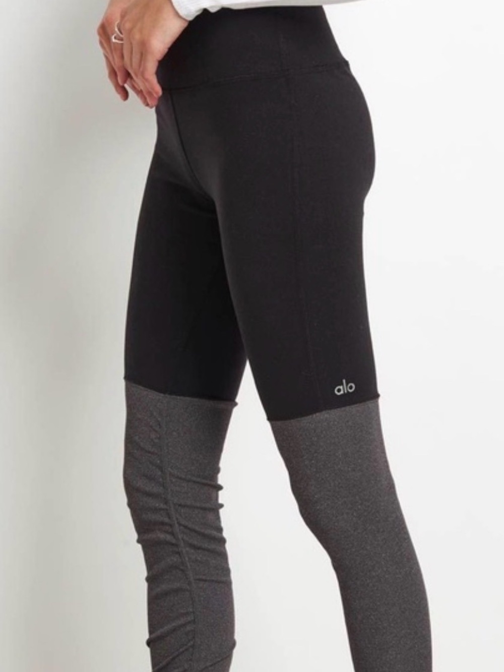 ALO Goddess Ribbed High-Waist Two-Tone Leggings — Black & Charcoal, Women’s S